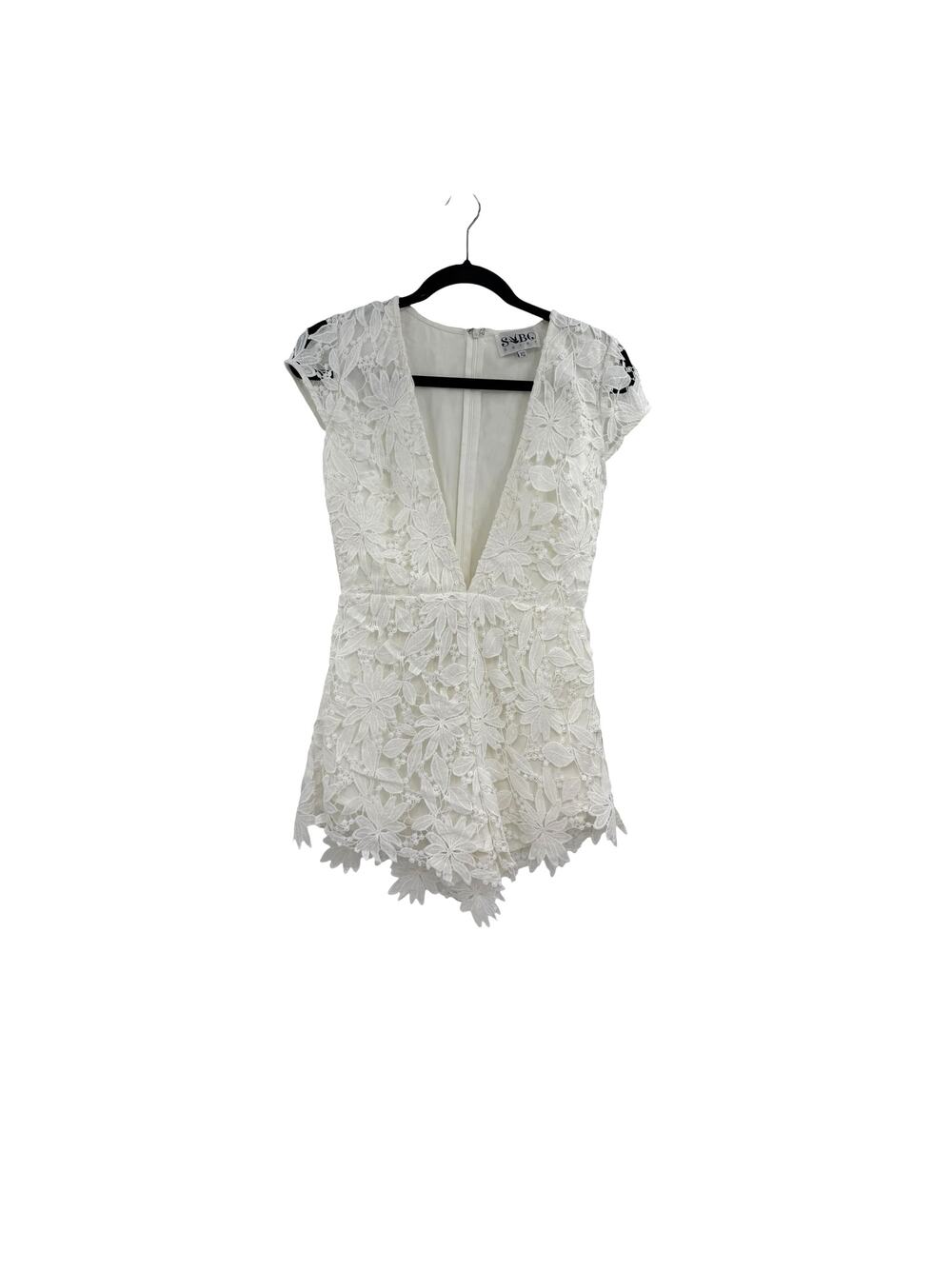 Sabo Skirt White Floral Lace Plunge Neck Romper Bridal Bachelorette Size XS